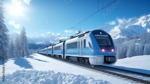 Express Train in Snowy Winter Mountains - Mountain Railway