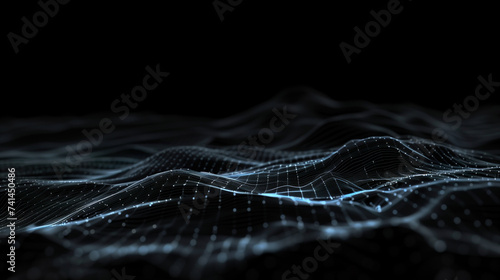 Abstrakter dunkler Technologie Hintergrund mit blauen linearen Wellen in Bewegung photo