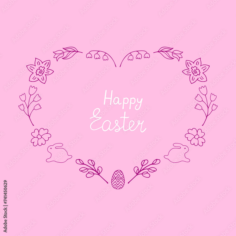 Vector illustration on Easter theme. Heart. Outline drawing. Postcard.