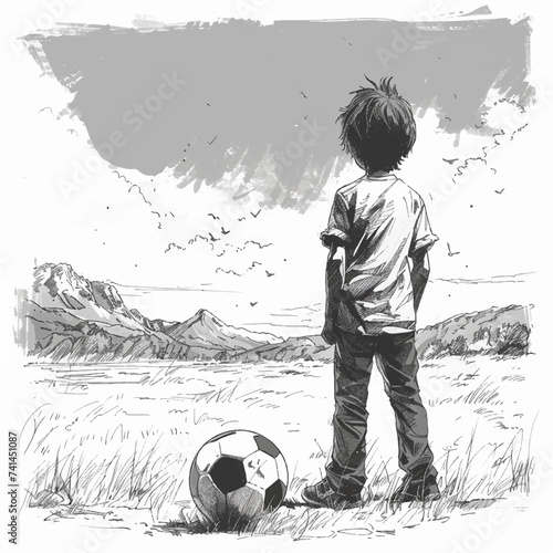 Vector illustration of black and white drawing of child with soccer ball