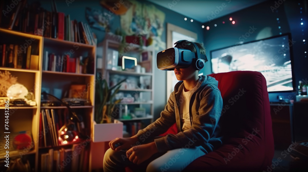 A teenager use google vr in his room A teenager use google vr in his room