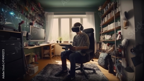 A teenager use google vr in his room photo