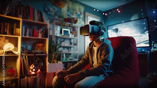 A teenager use google vr in his room