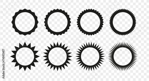 Zigzag edge round frames collection. Jagged sticker or stamp set with wavy edges and blank place
