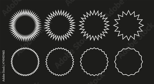 Wavy edge round line frame. Linear zigzag badges collection. White wiggly circles 