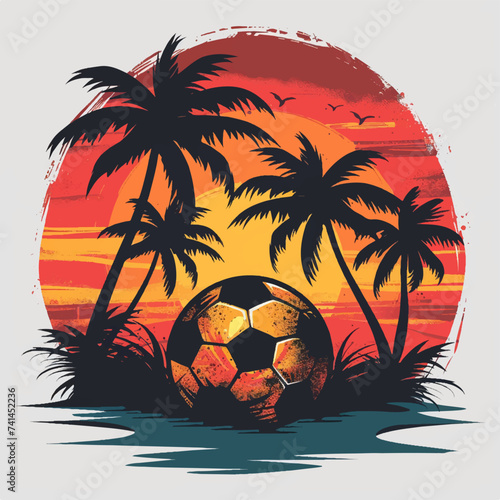 Logo vector illustration of soccer ball at sunset with palm trees