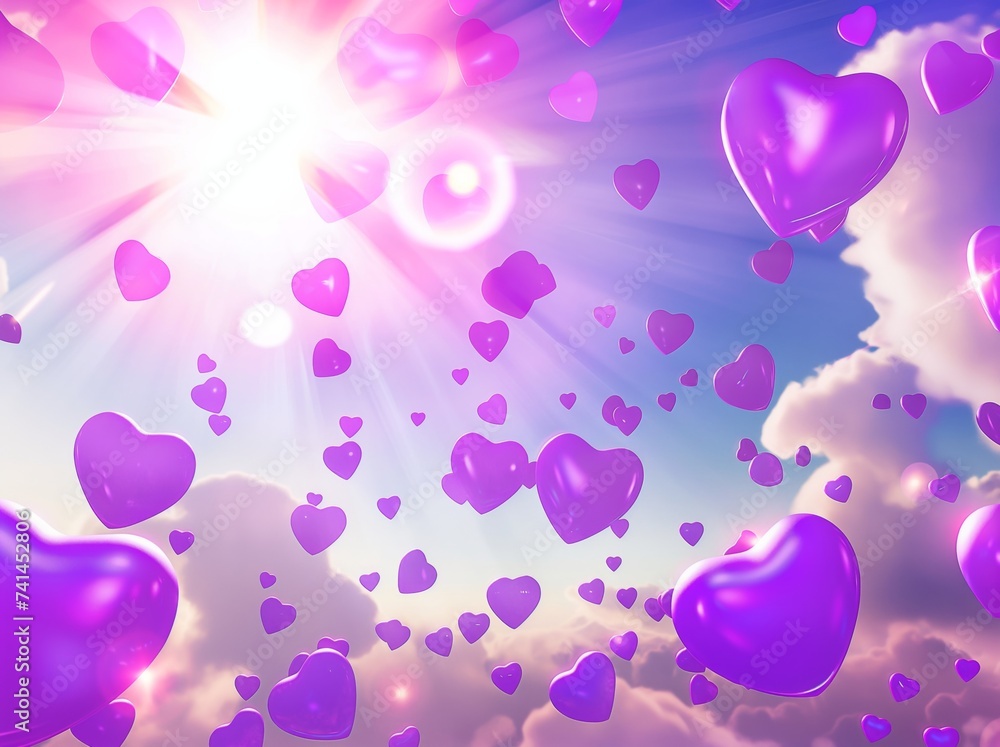 Purple hearts spread across a cloudy background, in the style of luminous spheres, romantic illustrations, use of light and shadow, sunrays shine upon it, neo-pop iconography. Purple hearts spread across a cloudy background, in the style of luminous spheres, romantic illustrations, use of light and shadow, sunrays shine upon it, neo-pop iconography.