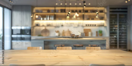 wood table top counter serve on blur personal chef bar restaurant shop background empty wooden tabletop and blurred kitchen mock up for product display. photo