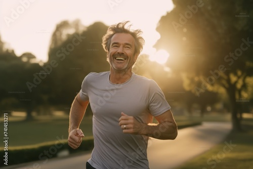 Cheerful man running in the park. Healthy lifestyle concept.