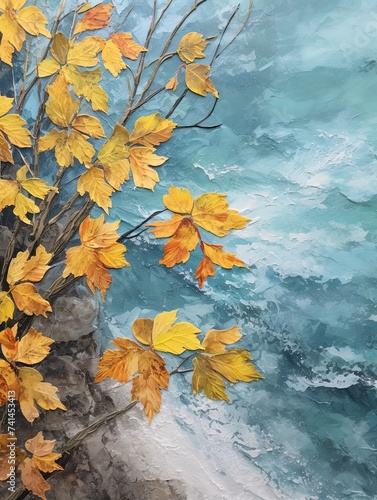 Autumn Beach Scene Coastal Art Print - Richly Textured Ocean Wall Decor with Autumn Leaves Paintings
