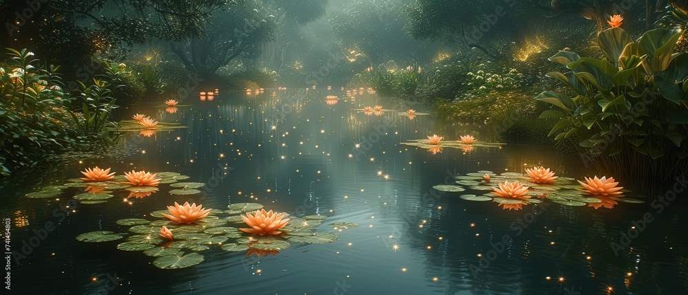 Fototapeta premium a many water lillies floating in a pond of water