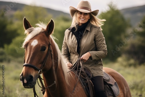 Beautiful woman wearing cowboy hat and riding a horse in the mountains