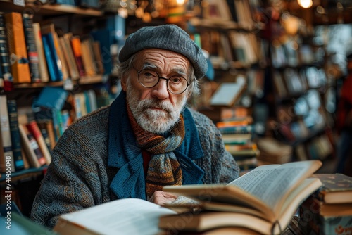 Elderly Man Reading Book in Bookstore