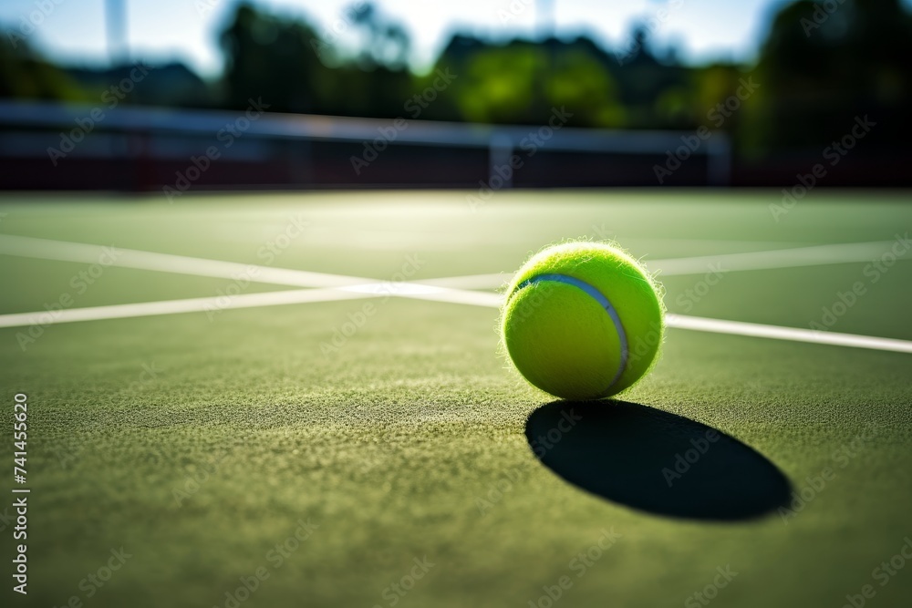 Bright tennis ball on court in morning sun with copy space for text, active lifestyle concept