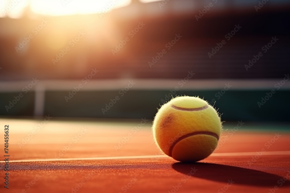 Bright green tennis ball on sunlit court with copy space, outdoor sports and recreation concept