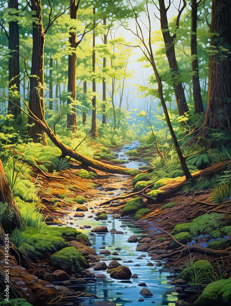 Fototapeta premium Tranquil Forest Stream Pathways Coastal Art Print: Where Stream Meets Ocean and Forest Beach