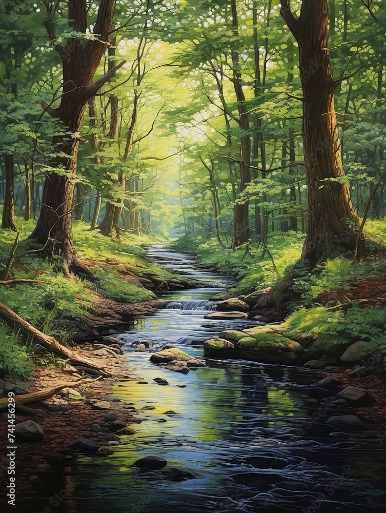 Obraz premium Tranquil Forest Stream Pathways: Country Landscape Painting of Rural Forest Stream in Pastoral Woods