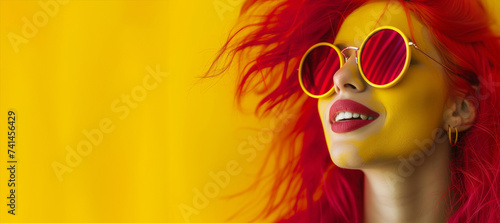 a beautiful girl in sunglasses with red lipstick on her lips smiles on a bright sunny day. Girl against the background of a yellow wall. Charming girl in red clothes. Banner