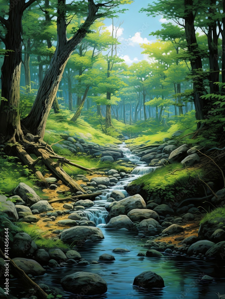 Tranquil Forest Stream Pathways: Isolated Brook Artwork