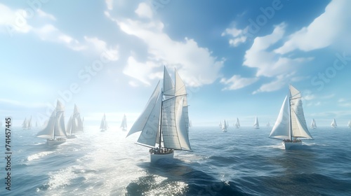 Regatta of Sailing Ships with White Sails on the Sea