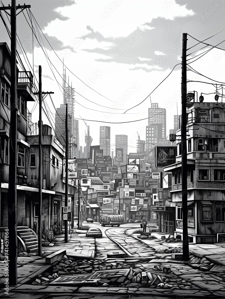 Fototapeta premium Urban Black & White Cityscapes: Landscape Poster of Busy City Streets and Crossroads