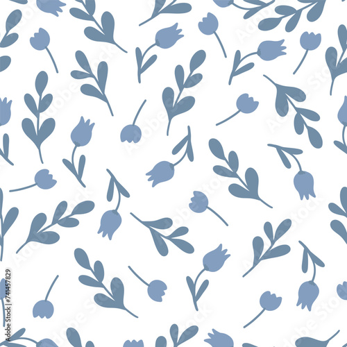 Flowers and brunches blue bells flat design seamless pattern