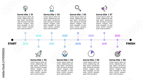 Infographic template. Horizontal timeline with 8 steps and years