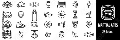 Martial Arts Web Icons. Boxing, MMA, Fight Club, Boxer Ring, Championship Belt. Vector in Line Style Icons photo