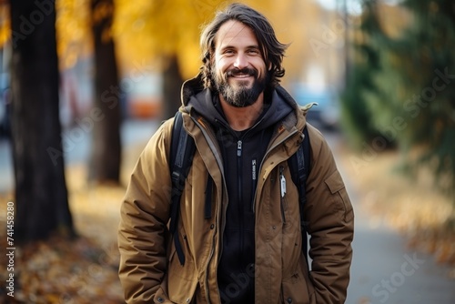 Bearded man with a backpack in sports clothes walks in autumn park