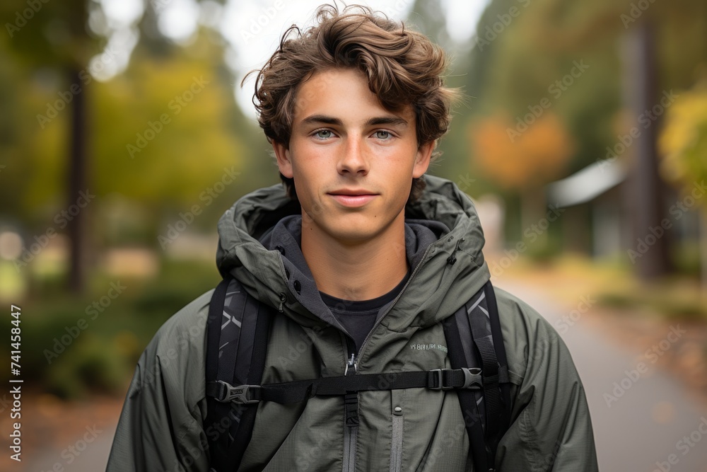 Young man with a backpack in green sports clothes travel in forest, front view portrait Young man with a backpack in green sports clothes travel in forest, front view portrait