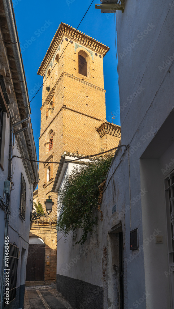 Tower of the Church of El Salvador in the Albaicin neighborhood, in Granada, Spain.