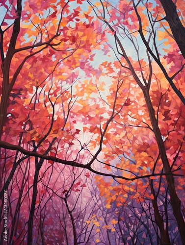 Vibrant Autumn Canopies: Twilight Serenity Among Fall Trees
