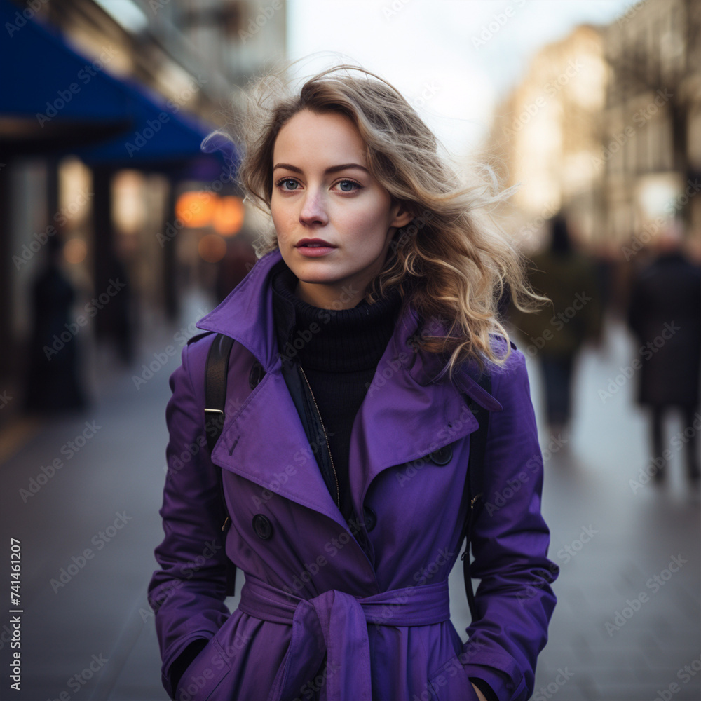 Beautiful young woman wearing purple coat posing in the street Beautiful young woman wearing purple coat posing in the street