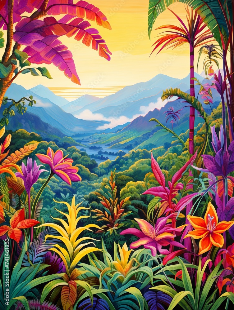 Vibrant Tropical Jungle Mountain Landscape Art Print - Coastal Scene with Jungle Hills