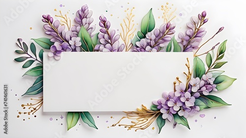 Fototapeta Naklejka Na Ścianę i Meble -  purple Flower Frame Watercolor Vector set. Flora Wreath Watercolor. Flower with gold frame. Rose and anemone flower. Wedding flower frame.
