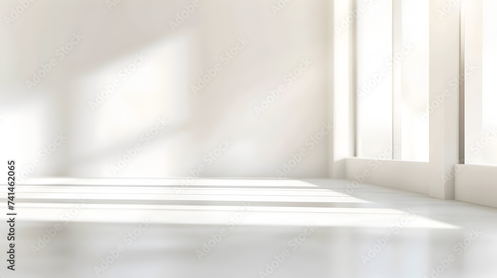 Empty white room with sunlight from the window on the wall,
3d rendering of white empty room with wooden floor and sun light cast shadow on the wall.

 - obrazy, fototapety, plakaty 