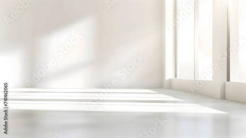 Empty white room with sunlight from the window on the wall,
3d rendering of white empty room with wooden floor and sun light cast shadow on the wall.

 photo