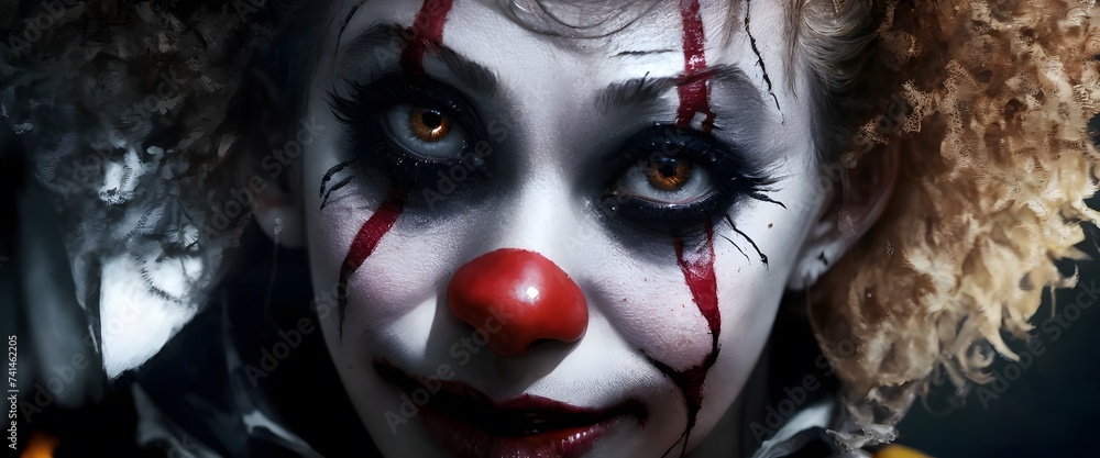 A spinechilling closeup of a creepy clown with fiery red hair and a ...