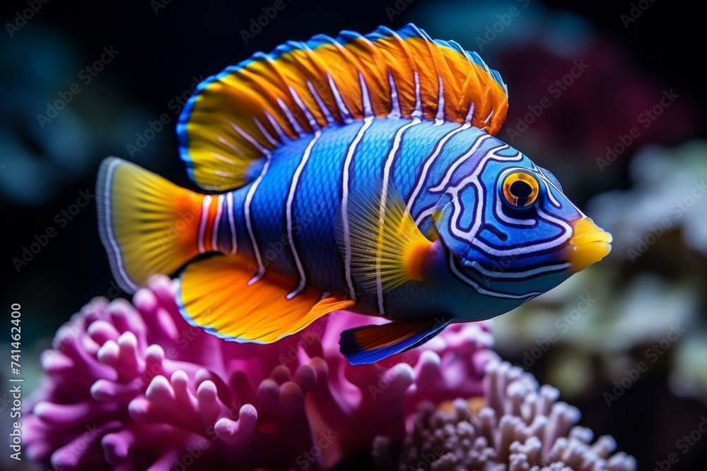 Beautiful colorful blue yellow sea fish live in an aquarium among various algae and corals.