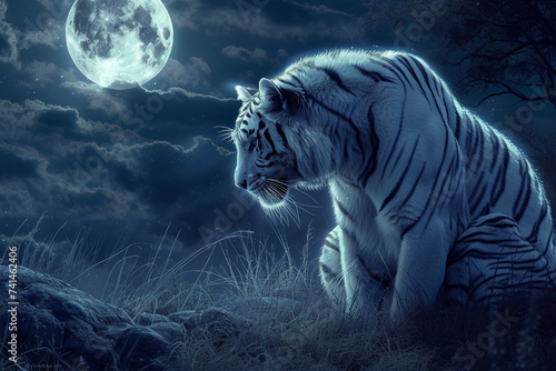 Silent Guardian: a moonlit night, midst of tranquil scene stands a magnificent white tiger, its fur illuminated by the silvery light of the moon
