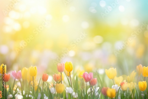 Spring background with beautiful yellow and red tulips flowers on blurred summer background © stopabox