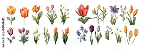 Vibrant and Detailed Illustrations of Various Blooming Flowers Including Tulips and Daisies - A Colorful Collection of Botanical Artistry in Vector