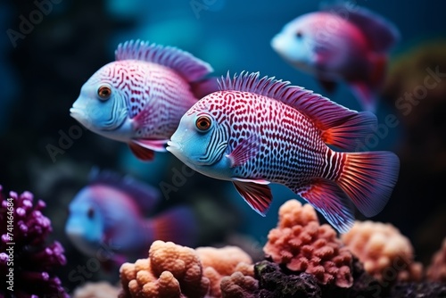 Beautiful colorful purple sea fish live in an aquarium among various algae and corals. © Nikolai