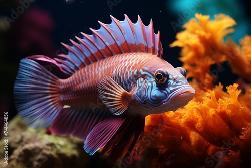 Beautiful striped colorful sea fish live in an aquarium among various algae and corals. © Nikolai