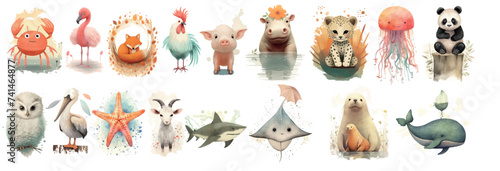 Whimsical Collection of Illustrated Animals and Sea Creatures in Soft Watercolors - From Crabs to Whales, Capturing the Charm and Diversity photo