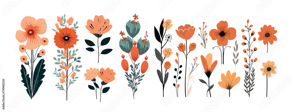 Flower bunches of abstract shapes in modern line art style, nature botanical decorative collection. Vector illustration isolated collection tropical leaf set - obrazy, fototapety, plakaty 