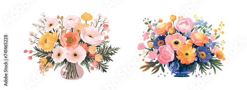 Floristic composition of beautiful garden and meadow flowers in glass vase, nature botanical decorative collection. Vector illustration isolated collection tropical leaf set