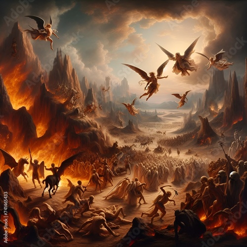 An epic scene of the battle between good and evil. An army of angels in a merciless fight against an army of demons in a surreal hellish environment with lots of fire, smoke and fantastic details photo