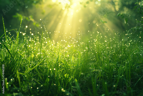 Vibrant Green Meadow  A Bright  Fresh Spring Morning with Dew Drops on Lush Grass under the Sunlight