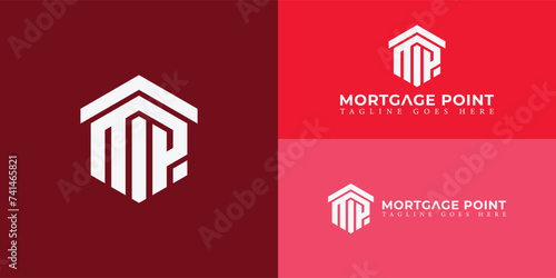 Abstract initial letter MP or PM logo in white color isolated in red backgrounds. Initial letters MP hexagon shape logo red color. Red Hexagon letter MP logo for real estate company logo design vector
